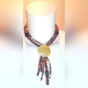 NECKLACE -Boho style jewelry -beaded colorfull-Mother of Pearl shell medallion